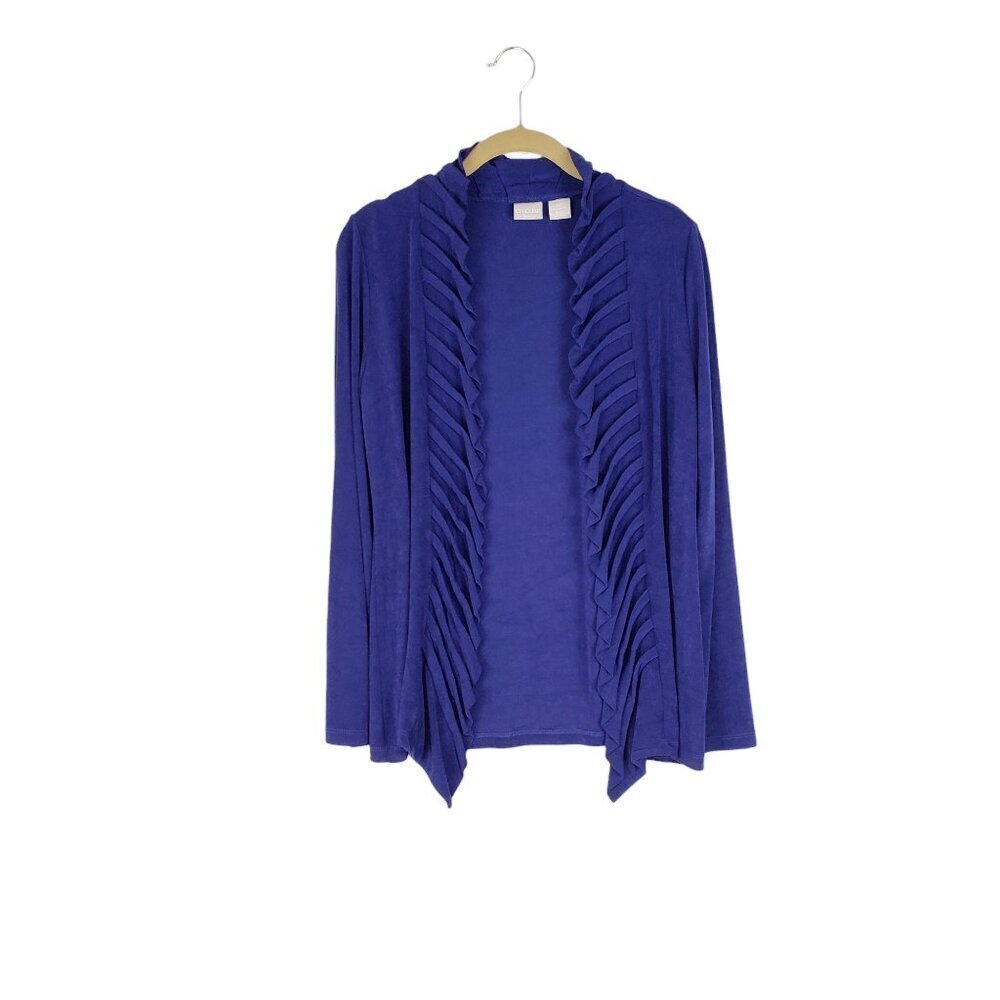 Chicos Travelers Ruffle Trim Jacket Open Front Purple Slinky Size 00 US Size 0/2